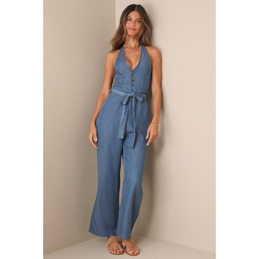 Lulus Always Imitated Blue Chambray Halter Wide-leg Jumpsuit - Size XS